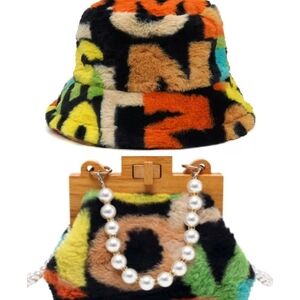 Colorful Faux Fur Bucket Hat and Clutch Set
